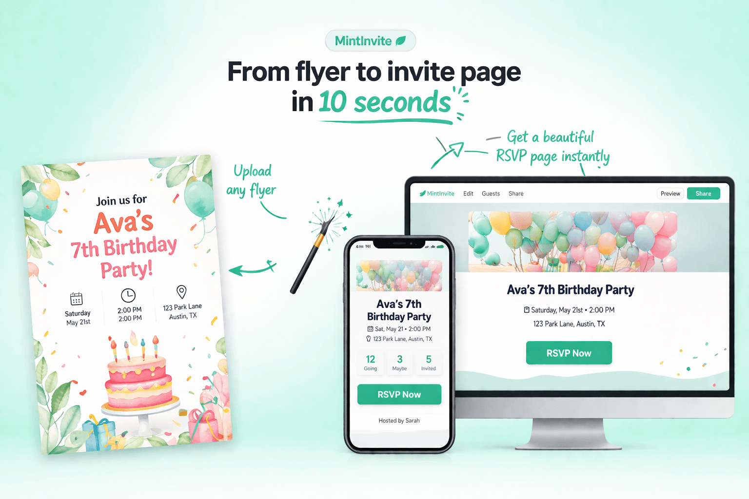 Mint Invite RSVP page preview showing event details and RSVP options